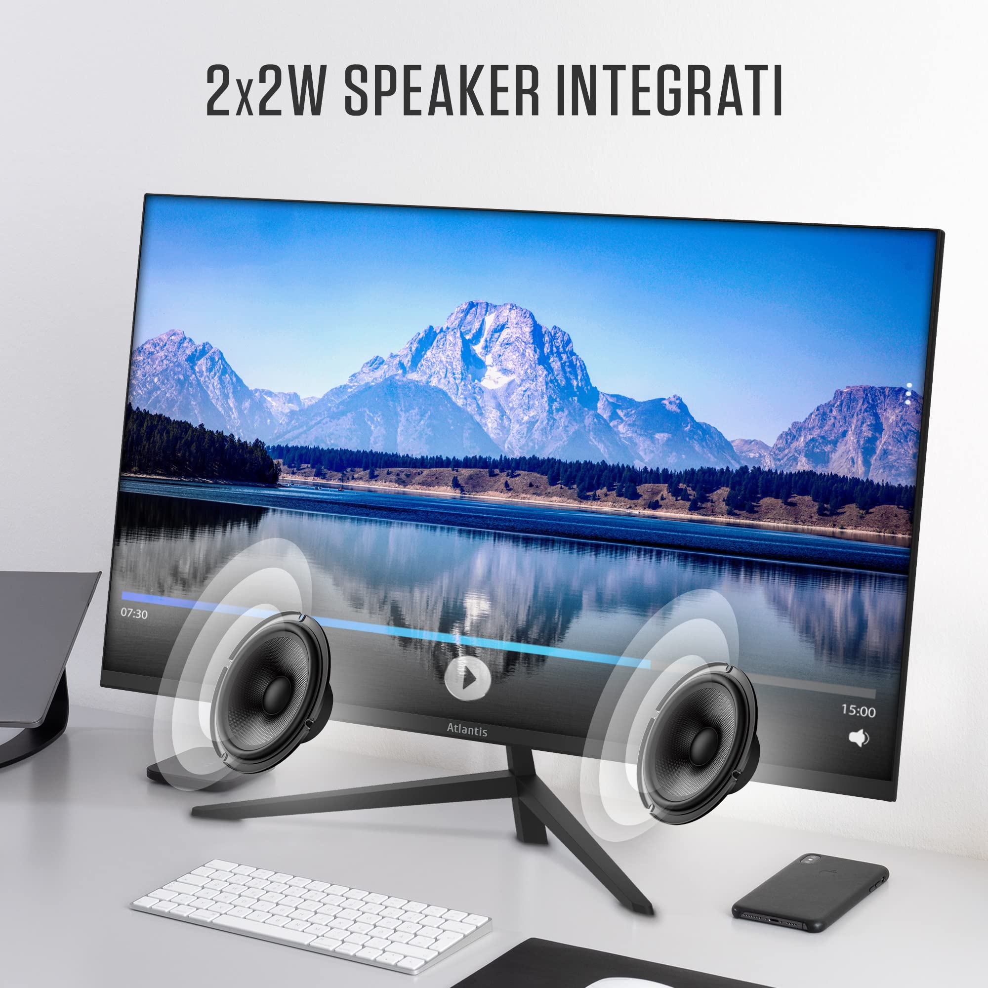 Atlantis Monitor 24 pollici, schermo 24" IPS 75Hz, Full HD 1920x1080, VGA HDMI, MULTIMEDIALE, FreeSync, Uscita Audio/Cuffie, inclinabile, risposta 5ms, Contrasto 1000:1, Angolo 178/178, Cavo HDMI 1,5m