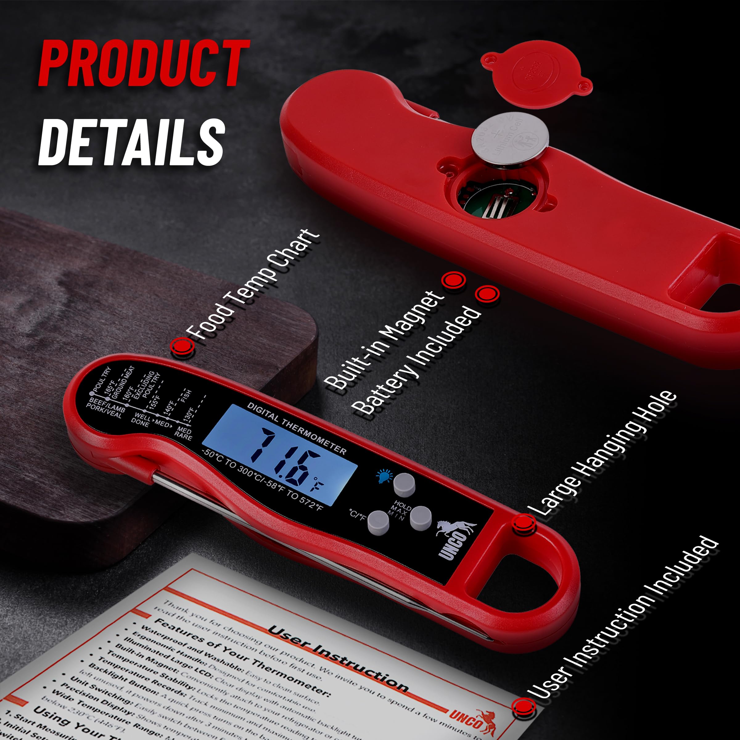 UNCO Thermomètre à viande numérique à lecture instantanée étanche pour la cuisson et la pâtisserie