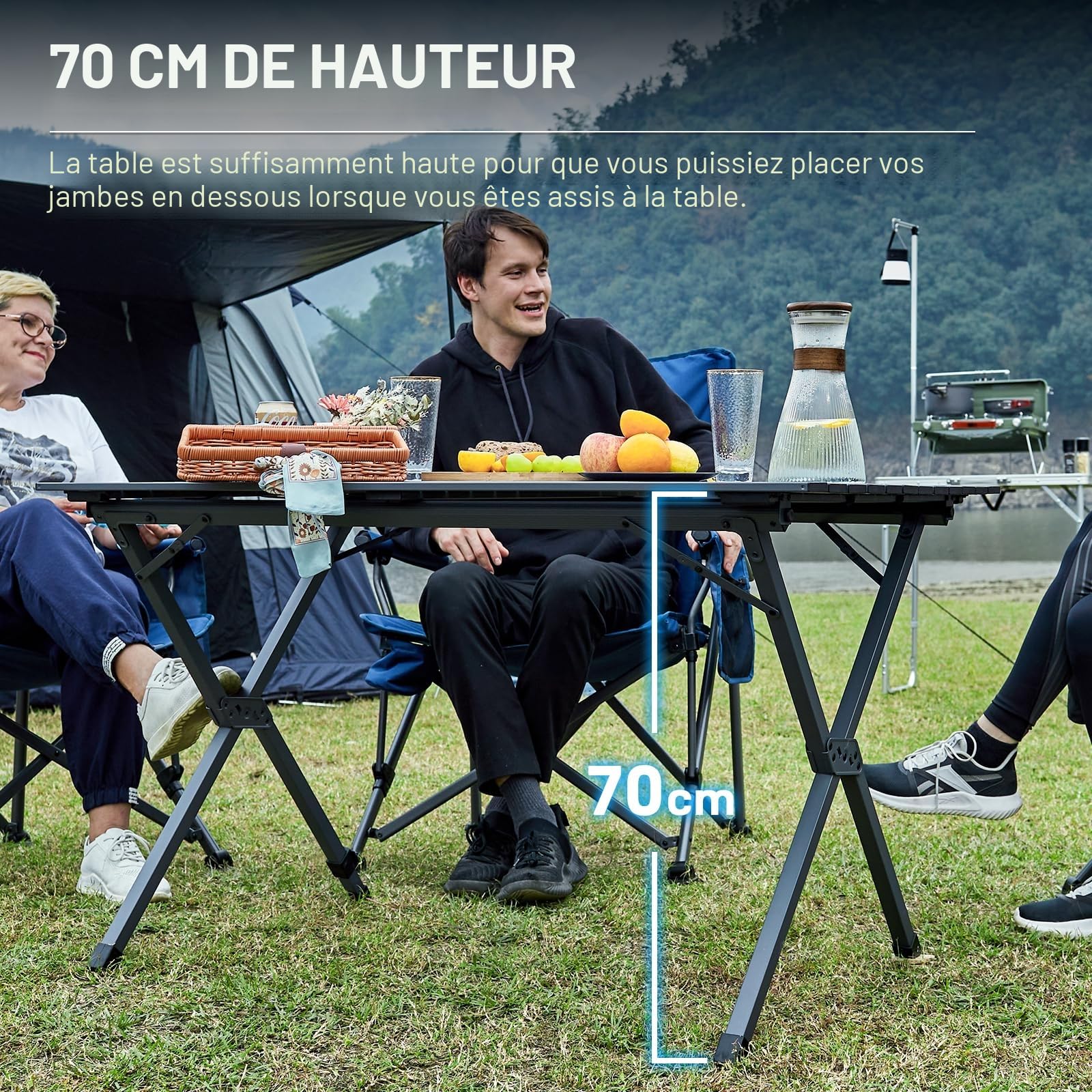 EVER ADVANCED Table de Camping Pliante 120x70cm, Plateau de Table en Aluminium, Capacité de Charge 80KG, pour 4-6 Personnes, avec Sac de Transport pour Camping Jardin Balcon, Gris