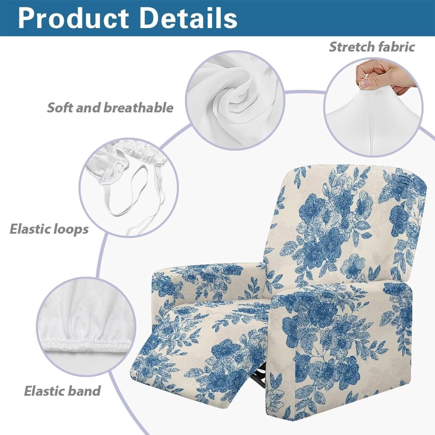 Blue Floral Recliner Slipcover Nordic Art Floral Stretch Lazyboy Recliner Chair Covers with Pockets, Beige Couch Sofa Slip Covers Furniture Protector for Living Room Pets