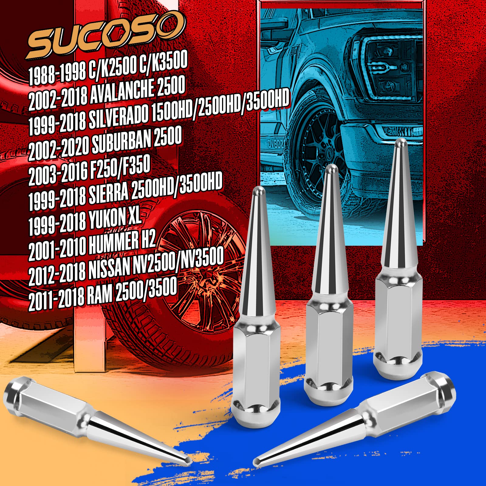 32 Chrome Spike Lug Nuts – M14x1.5 Thread – Cone Seat – Fit Chevy/GMC Trucks (Lava Autoparts)