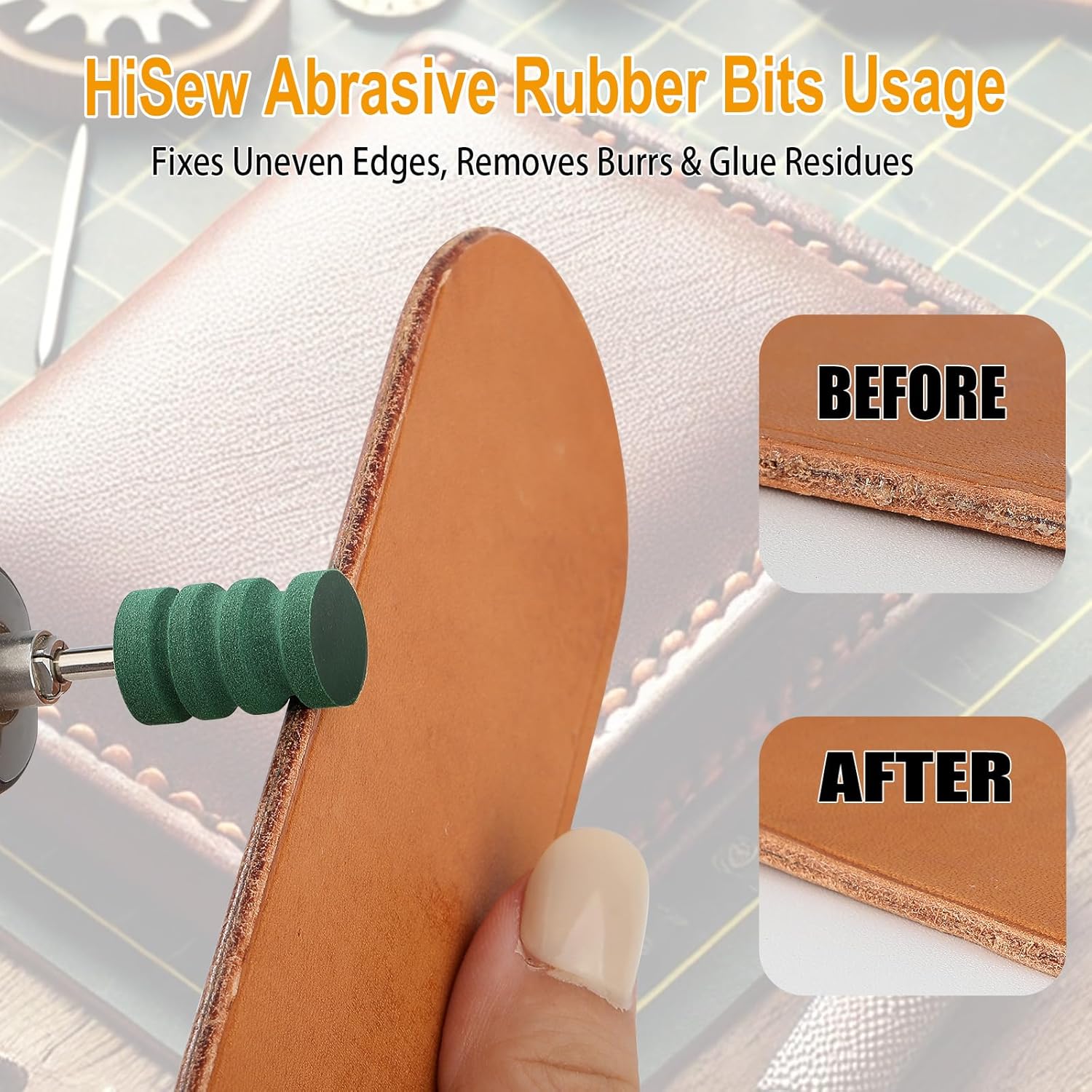 Hisew Leather Edge Burnishing Bits – Standard Set of 6 for Smoothing & Polishing Medium-Firm Leather Edges, Like Veg-Tan (400 Grit Sanding Bits + Beechwood Burnishers), Compatible with Rotary Tools