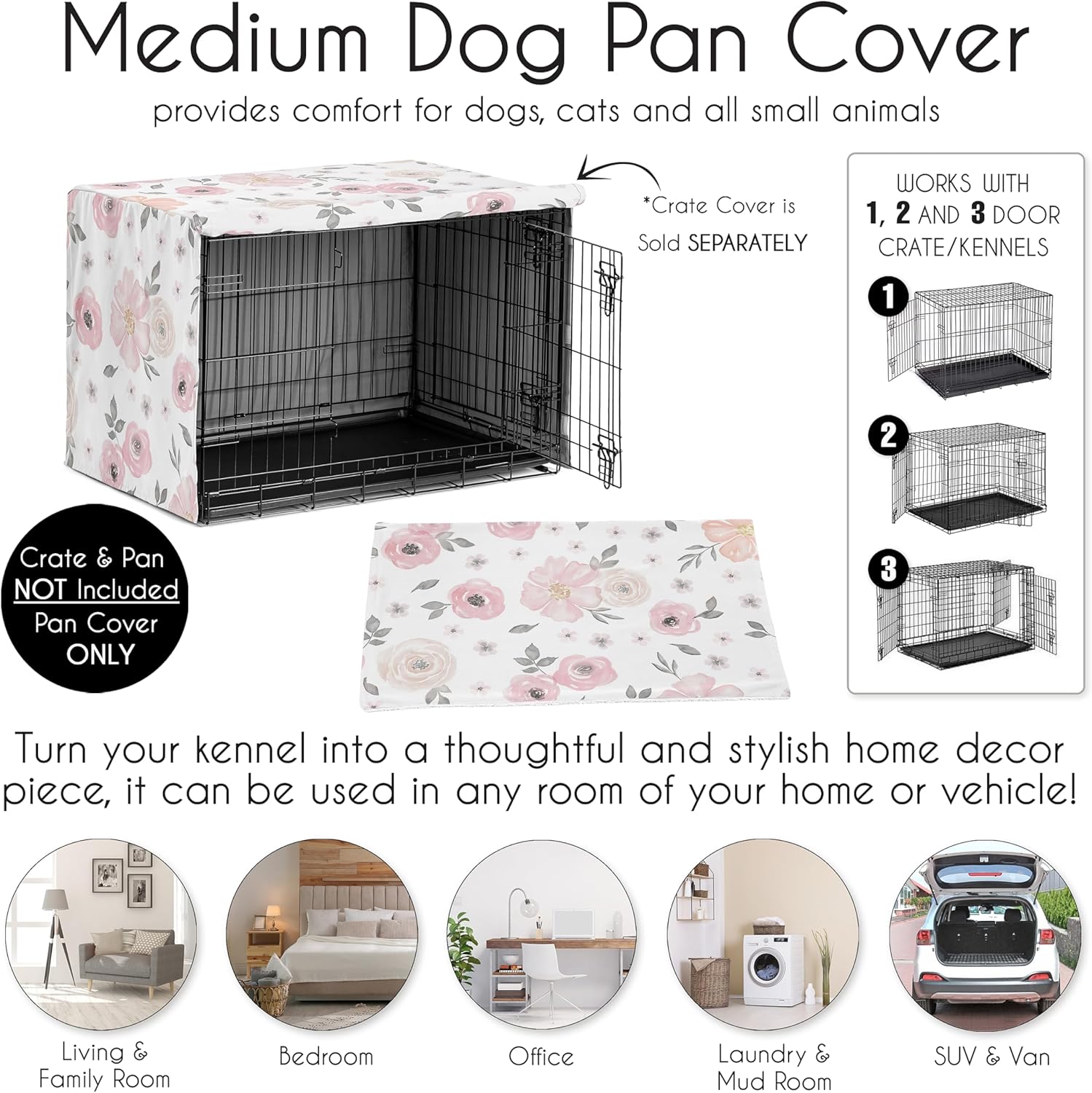 Sweet Jojo Designs 36in. Medium Dog Crate Pan Cover (Blush Pink Boho Floral) Pet Cage, Kennel Pad Mat Bottom Tray Covers (Grey, Bohemian, Farmhouse, Shabby Chic, Rose, Watercolor, Flower, Elegant)