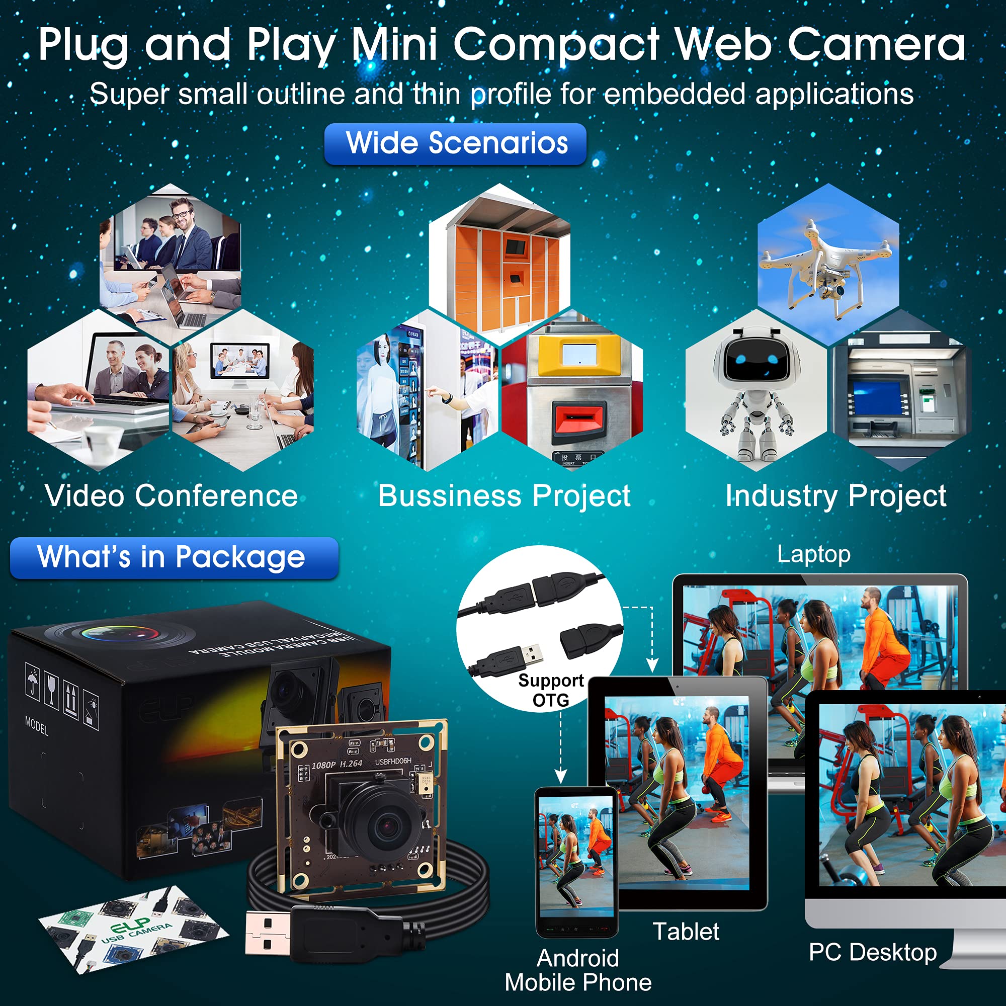 ELP Cámara web de 1080P con micrófono, sensor IMX323, módulo de cámara USB Full HD H.264, Plug and Play, cámara web de 2 megapíxeles 30FPS gran angular de baja iluminación USBFHD06H-L180
