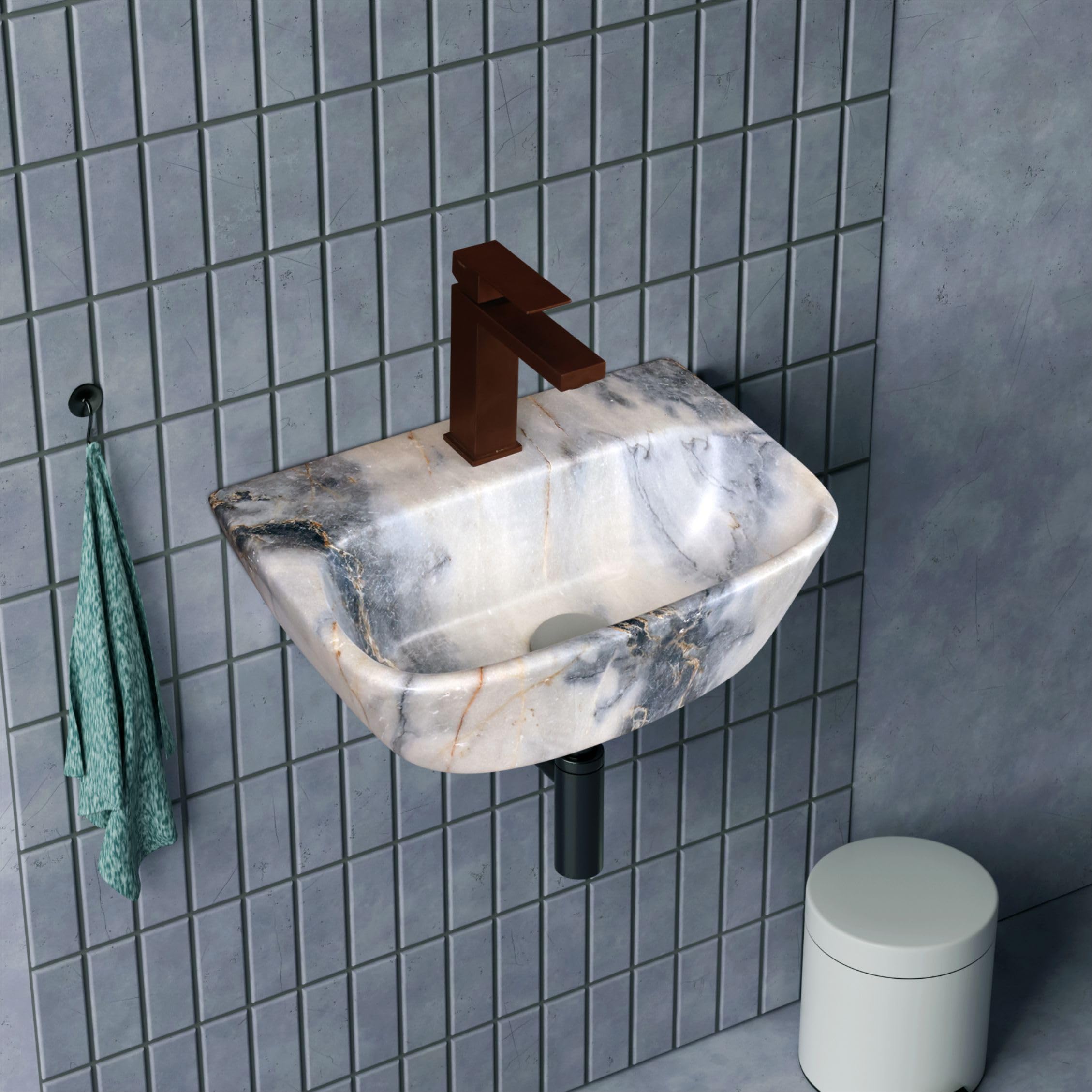 HISRE Wall Mount Wash Basin 17 x 12 x 5 Inch | White Ceramic Sink with Grey & Golden Marble Finish | Modern Rectangular Bathroom Basin for Home, Office, and Hotels, photo 2 of 5