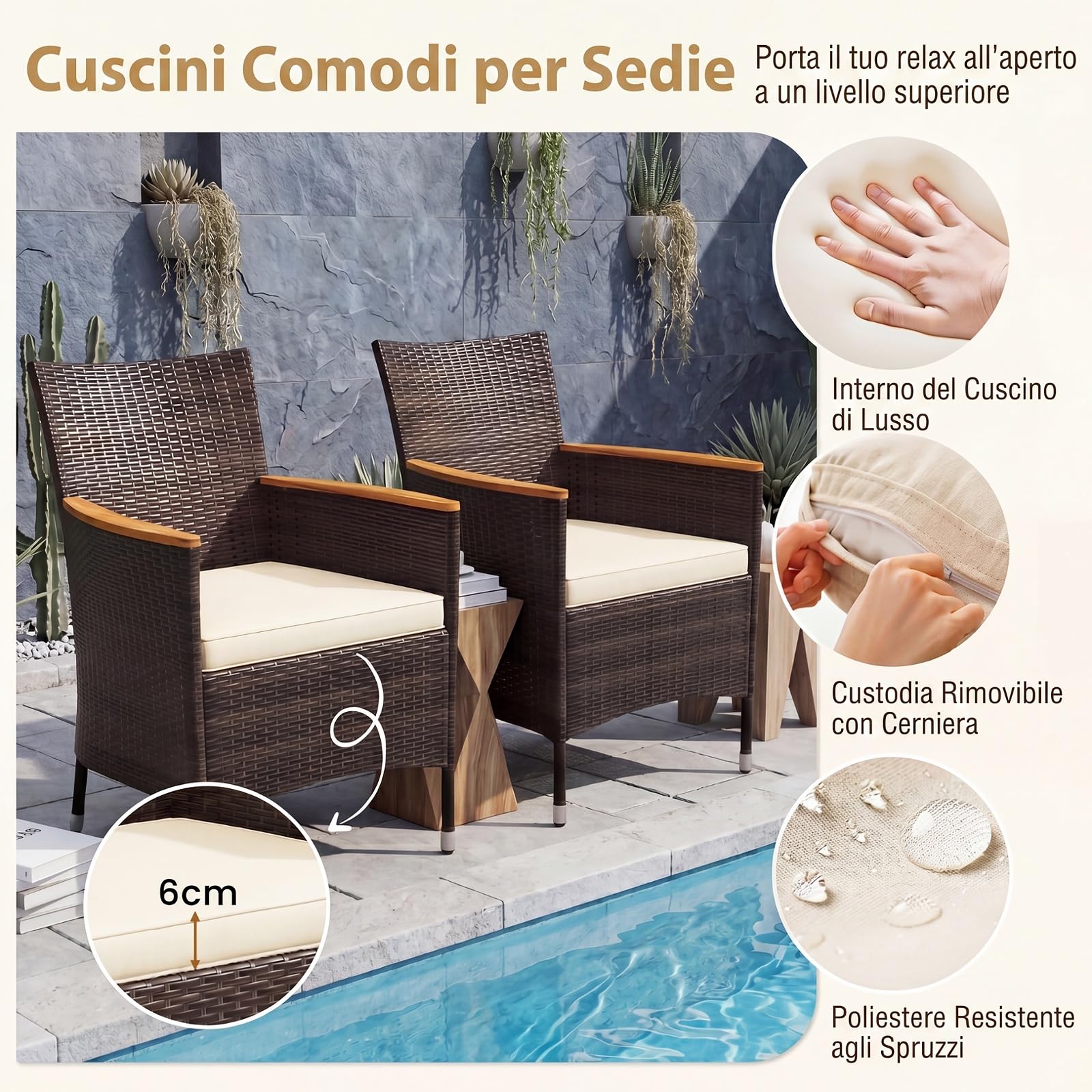 SOARS Set da Giardino Esterno 9 Pezzi, Tavolo e Sedie da Giardino in PE Rattan con Foro per Ombrellone 5 CM, Salotto da Esterno con Cuscini Morbidi per Terrazza e Patio, Portata 180 KG e 150 KG