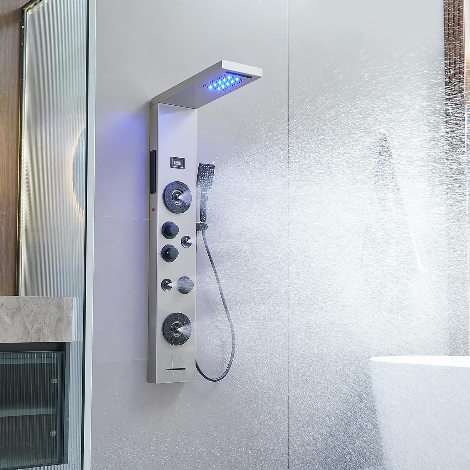BWE Stainless Steel Shower Panel Tower System,LED Rainfall Waterfall Shower Head,4 Massage Body Jets,3 Functions Handhels Shower and Waterfall Tub Spout,Wall Mounted Shower Panel with Temp Display
