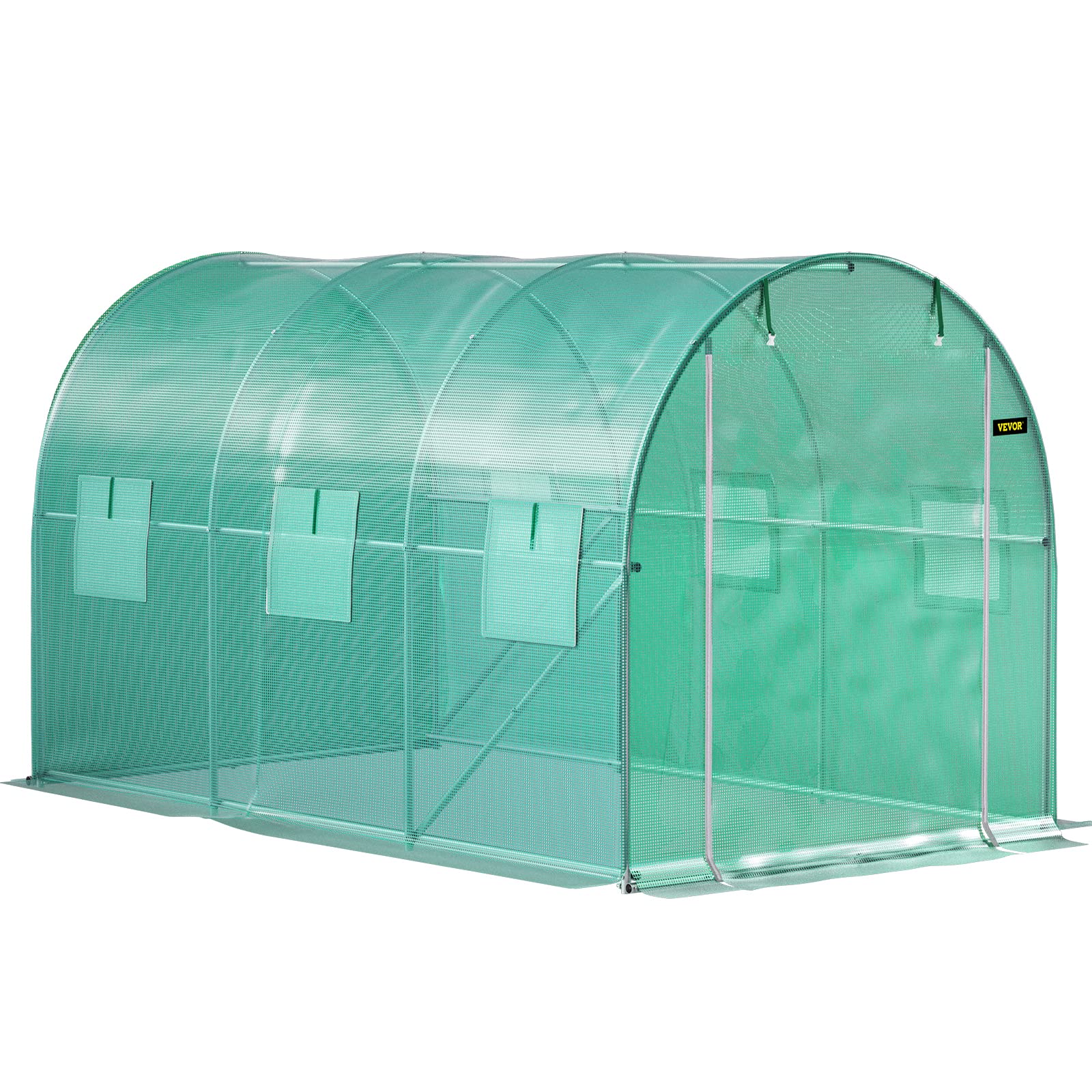 VEVOR 12 x 7 x 7 ft Walk-in Tunnel Greenhouse, Portable Plant Hot House w/ Galvanized Steel Hoops, 1 Top Beam, 2 Diagonal Poles, 2 Zippered Doors & 6 Roll-up Windows, Green