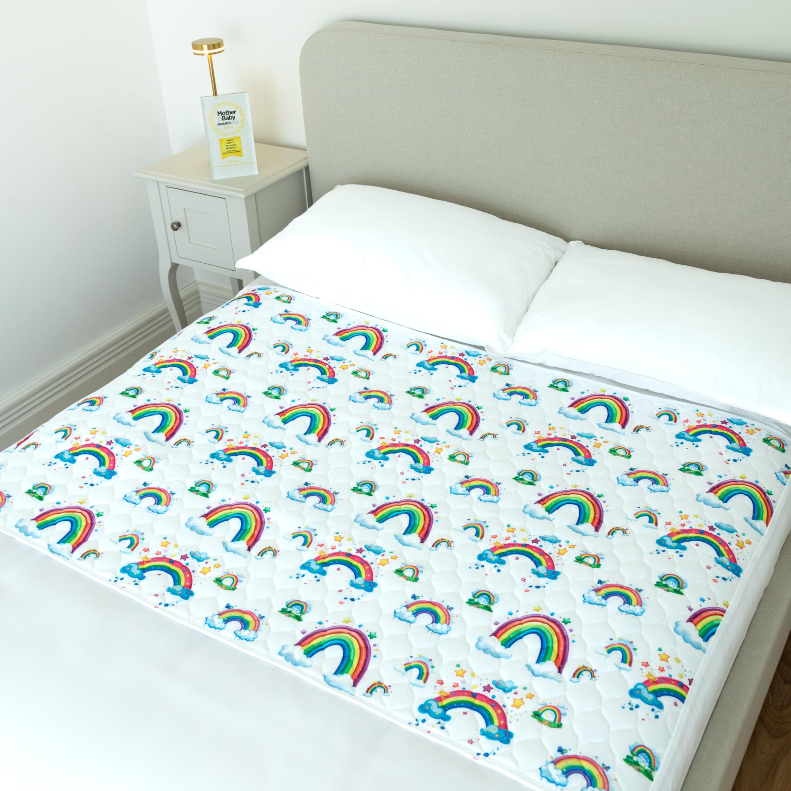 Bedwetz Double Rainbow Potty Training Bed Pad – Waterproof Mattress Protector For Double Beds, Washable 5-Layer Bed Wetting Sheet With Non-Slip Wing Tucks | Rainbow