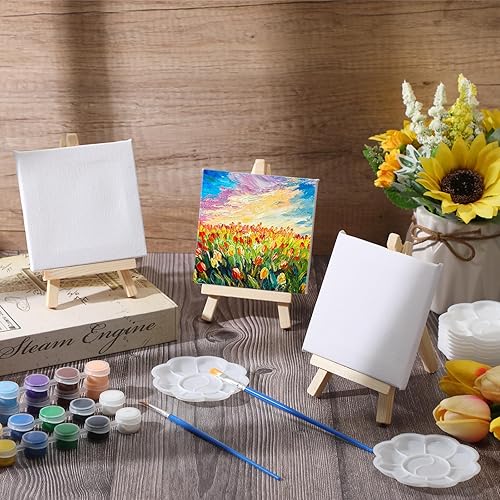 Miniatura 3 de Qilery Juego de 12 piezas de pintura acrílica, mini lienzo estirado con caballete, tiras de pinturas acrílicas, pinceles, paleta, juego de arte para