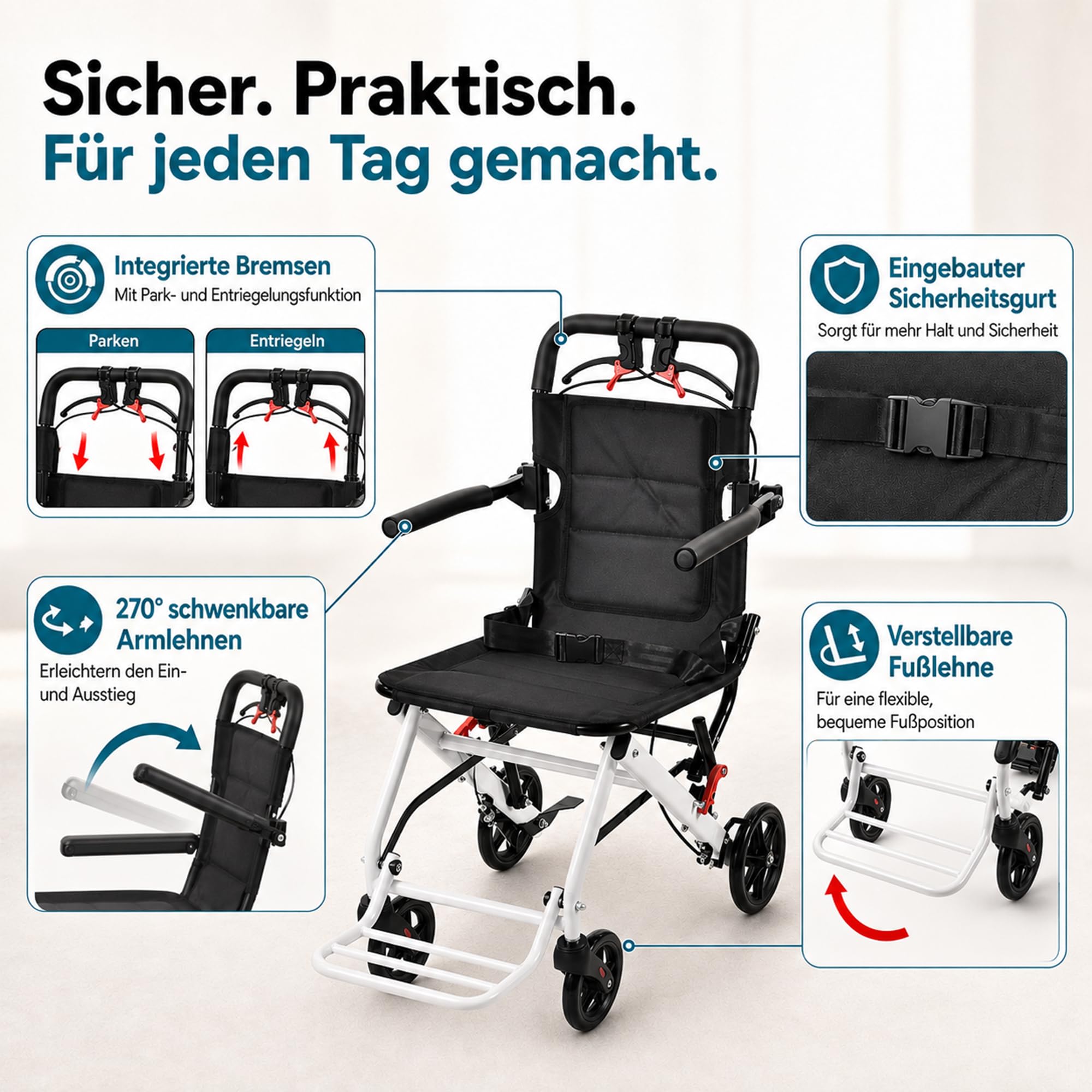 Silla de ruedas plegable ultraligera con frenos, capacidad de carga de 100 kg, silla de ruedas de aleación de acero al carbono, ideal para menores de 180 cm de grosor y ancianos, asiento de 40 cm