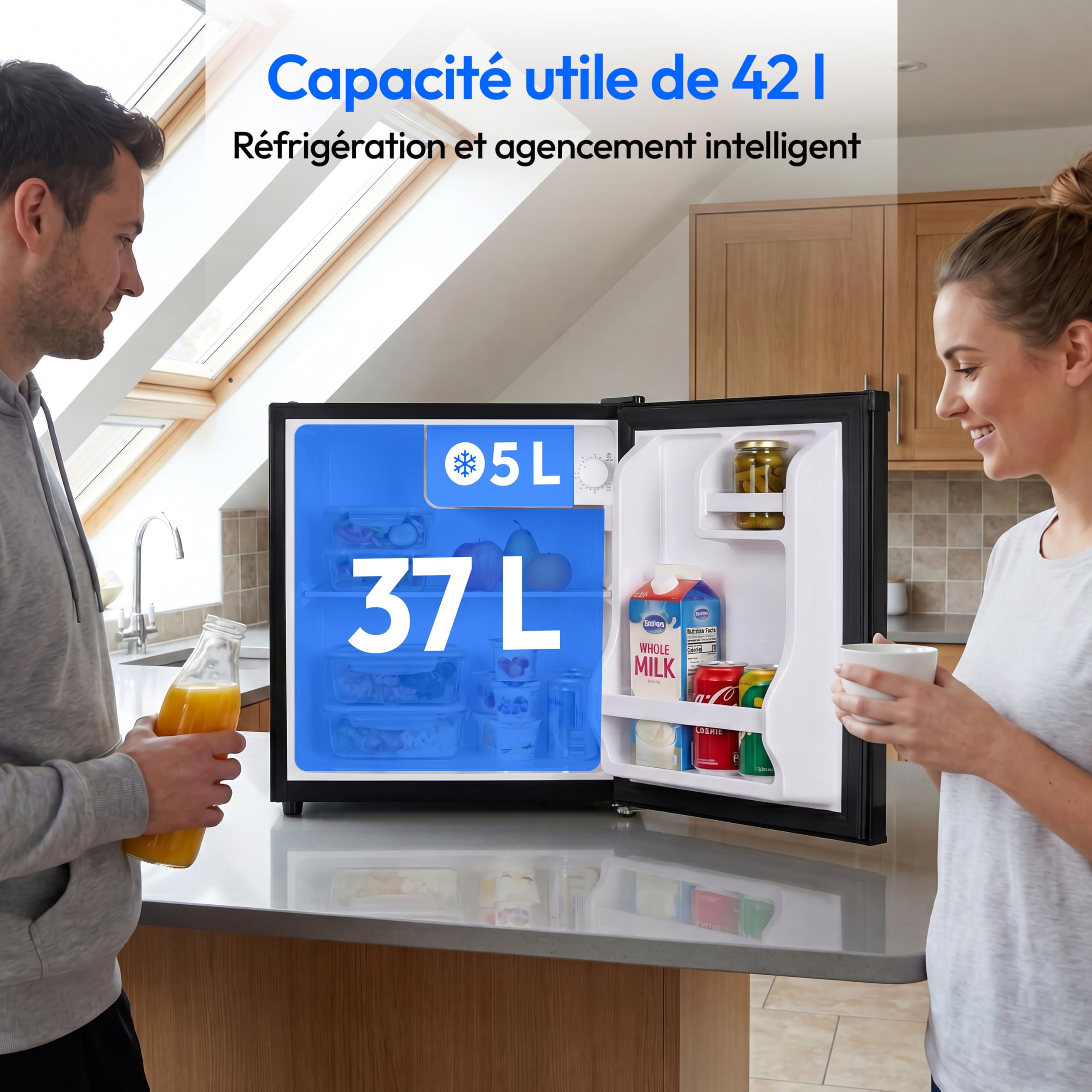 MEDION Mini réfrigérateur 42 L avec compartiment congélateur, silencieux, porte réversible, MD 370001