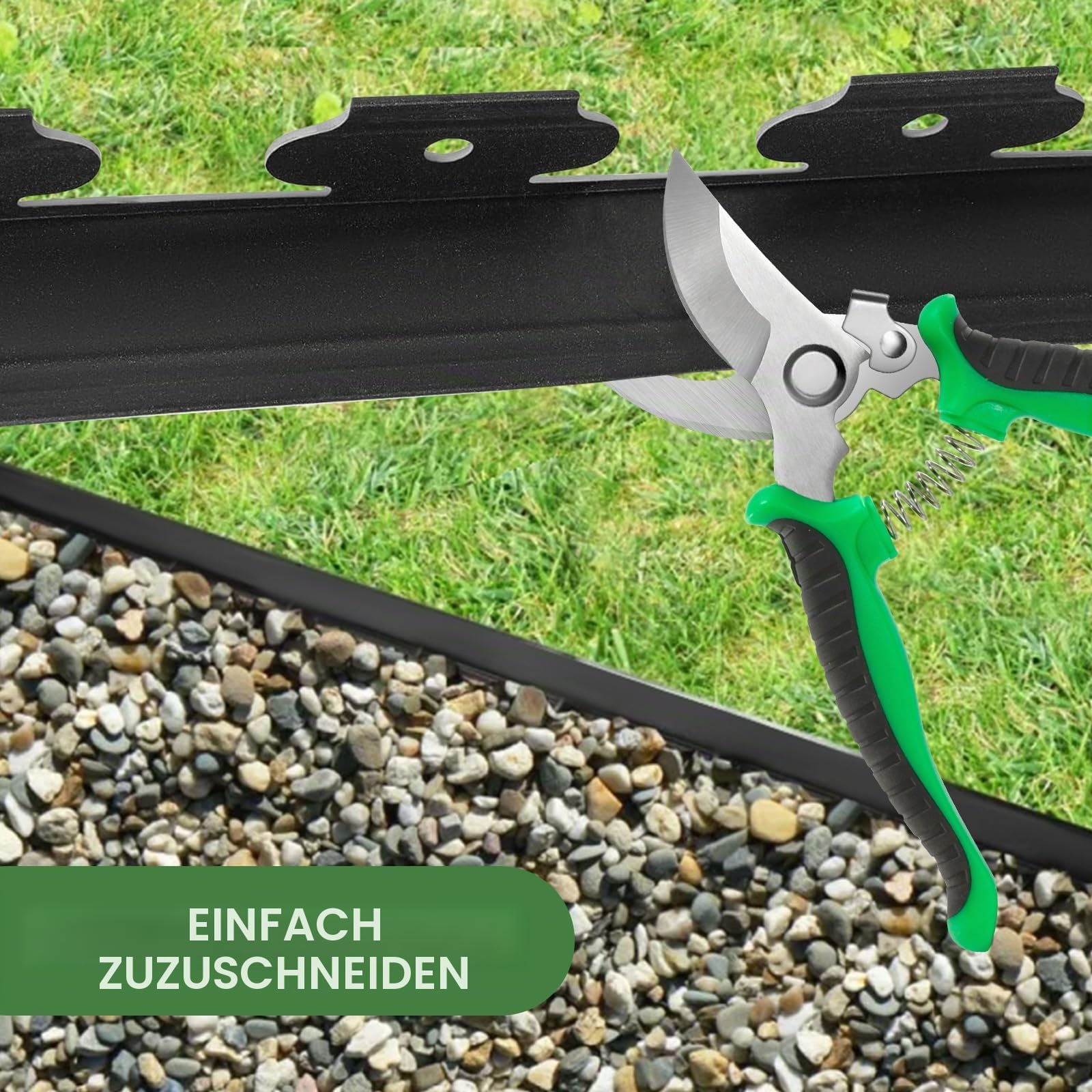 5cm x 12m Kunststoff Gartenumrandung grabefrei – Landschaftseinfassung mit 40 Erdankern für Rasen, Beet, Pflaster – Schwarze Beetumrandung ohne Graben