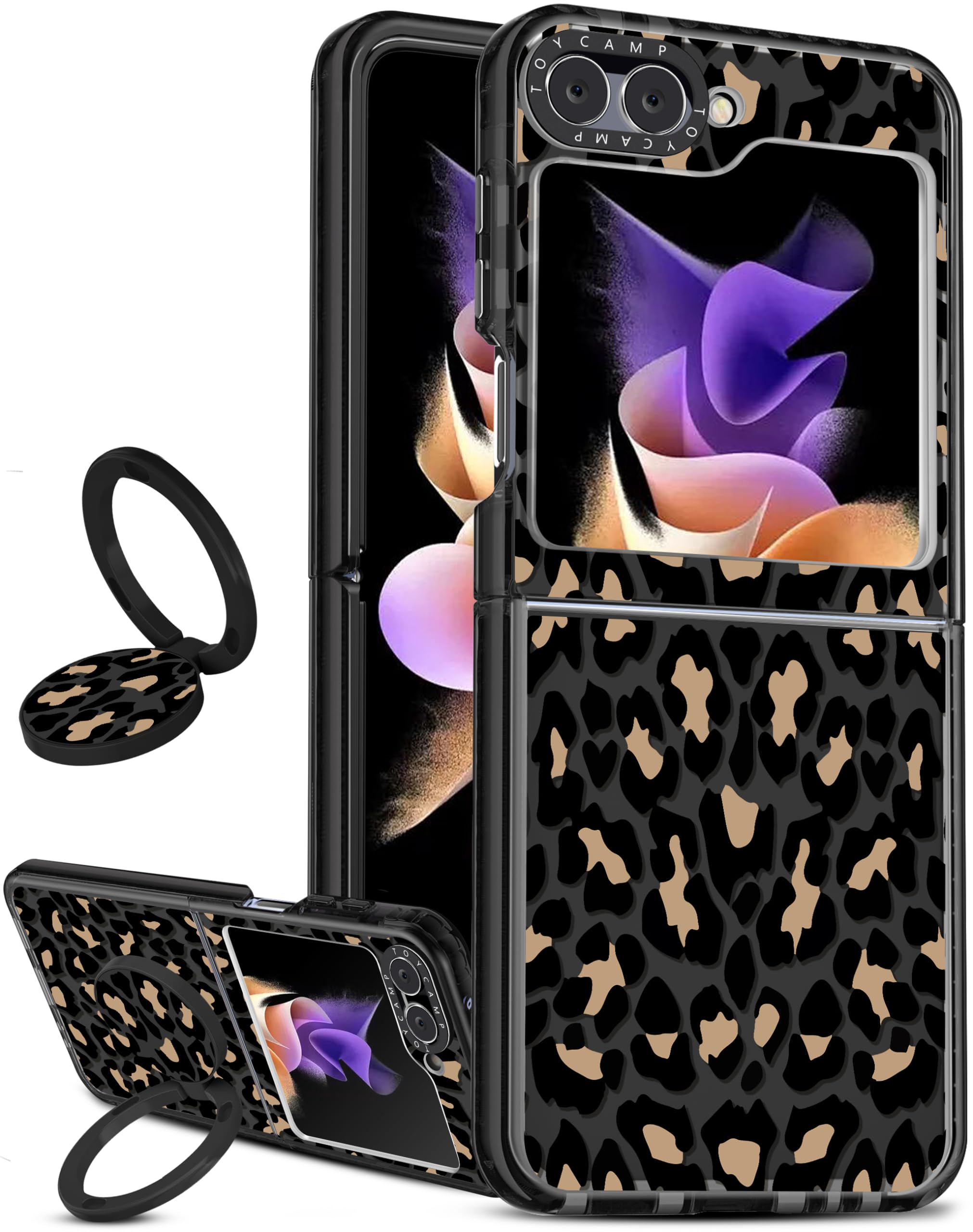 Toycamp for Samsung Galaxy Z Flip 5 Case with Ring Holder, Cute Leopard Animal Vintage Cheetah Print Designed Shockproof Protective Designer Phone