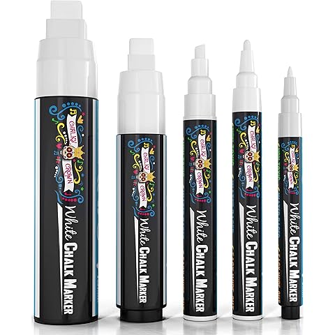 CHALKY CROWN 5pc White Chalk Markers - Non-Toxic Liquid Chalkboard Markers, White Liquid Chalk Marker for Windows, Glass - 1, 3, 6, 10, 15mm Tips