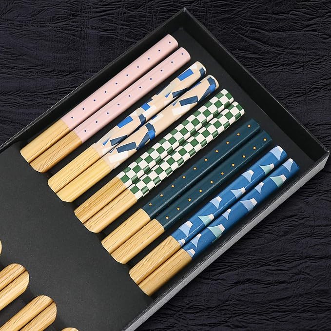 5 pares de palillos japoneses de bambú natural con patrón único, reutilizables y aptos para lavavajillas miniatura 3