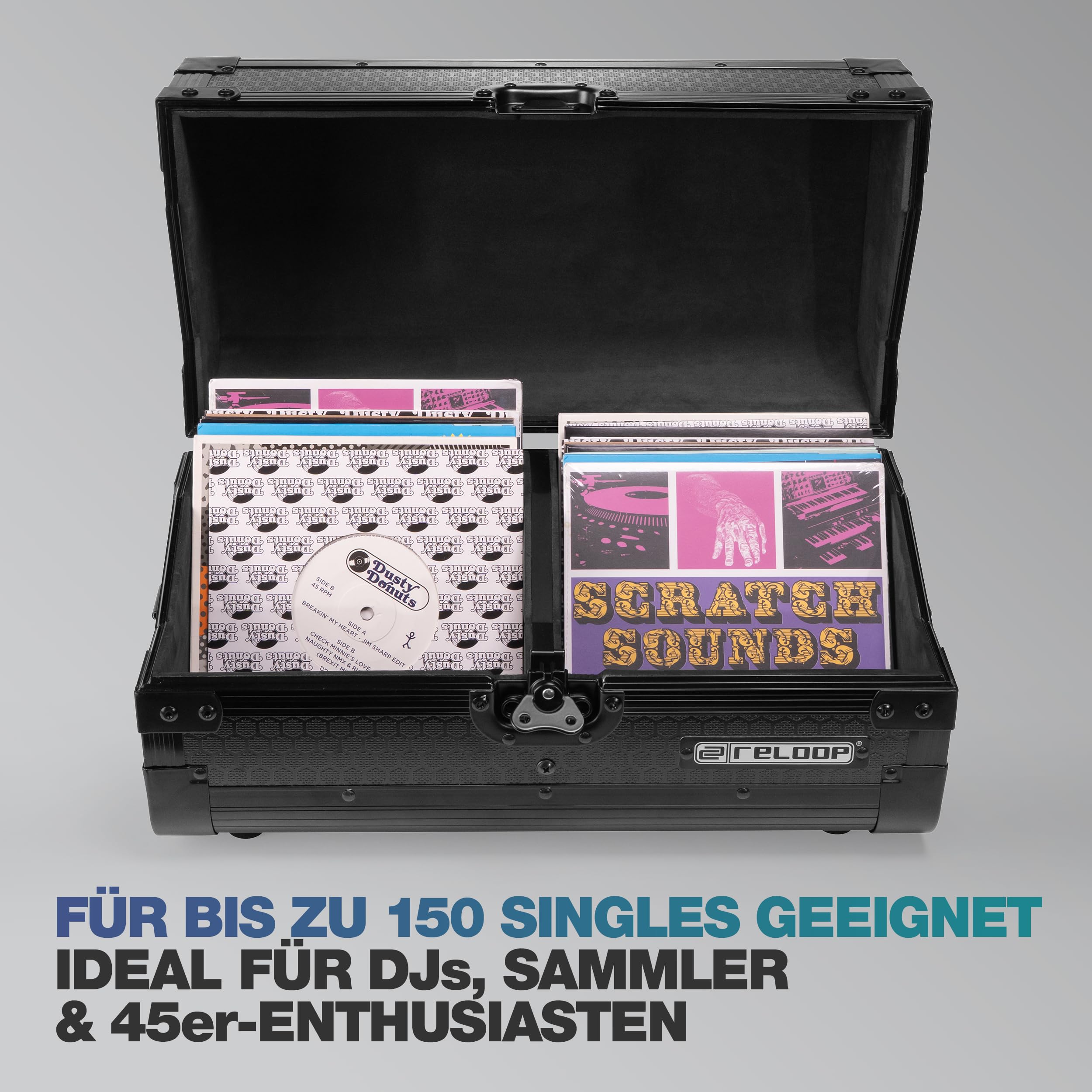 Reloop 7'' Record Case 150 Black - Robuste Konstruktion mit kratzfester Hexa-Oberfläche in mattem Schwarz