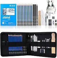 H & B Conjunto de 33 Lápis de Desenho e Esboço, Kit Completo de Artista, Inclui Bloco de Esboço, Lápis de Grafite, Bastões de Carvão e Borracha, Conjunto Profissional de Lápis para Desenho