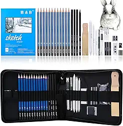 H & B Conjunto de 33 Lápis de Desenho e Esboço, Kit Completo de Artista, Inclui Bloco de Esboço, Lápis de Grafite, Bastões de Carvão e Borracha, Conjunto Profissional de Lápis para Desenho