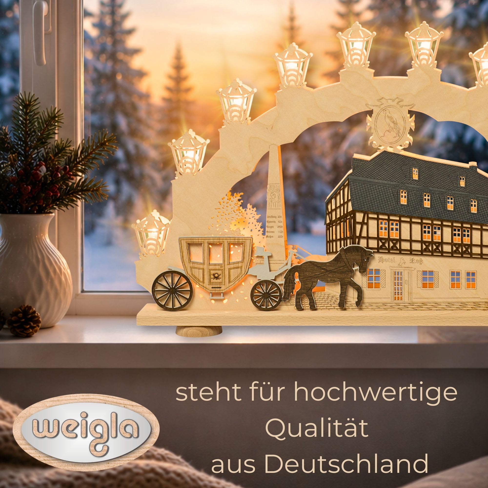 weigla - Schwibbogen original Erzgebirge I Motiv Zwönitz I LED Lichterbogen Weihnachten I 15 Lampenkerzen + 1 Ersatzlampe I 15 x 16 V, 0,2 W, E10 I beleuchtete Weihnachtsdeko innen I aus Holz