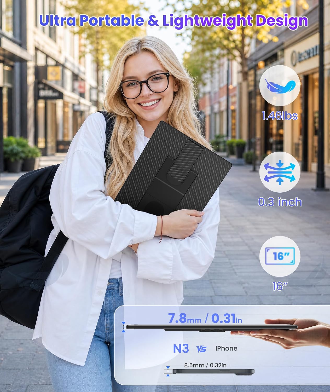 Synnov 16" Laptop Screen Extender, 1.46lbs Lighter FHD 1200P Portable Monitor, Dual Monitor for 13"-17.3" Laptops, Built-in Speakers, Plug & Play Travel Monitor Extender for Mac/Windows/Android/Dex