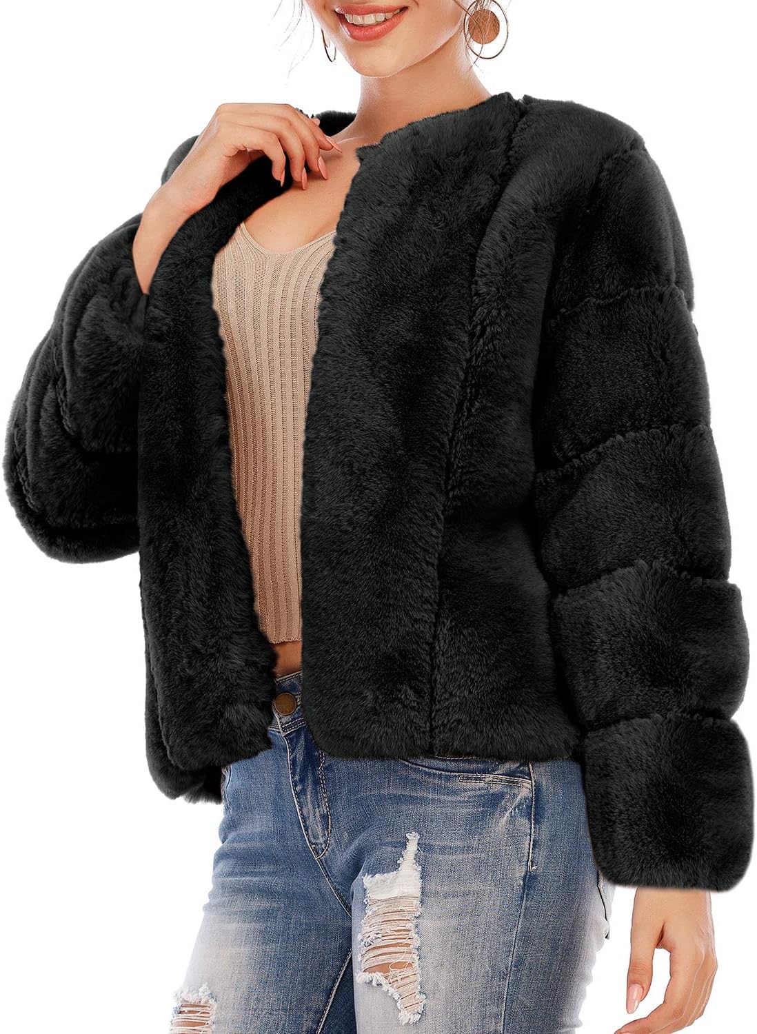 BerryGo Women's Long Sleeve Open Front Fuzzy Faux Fur Coat - Image 2