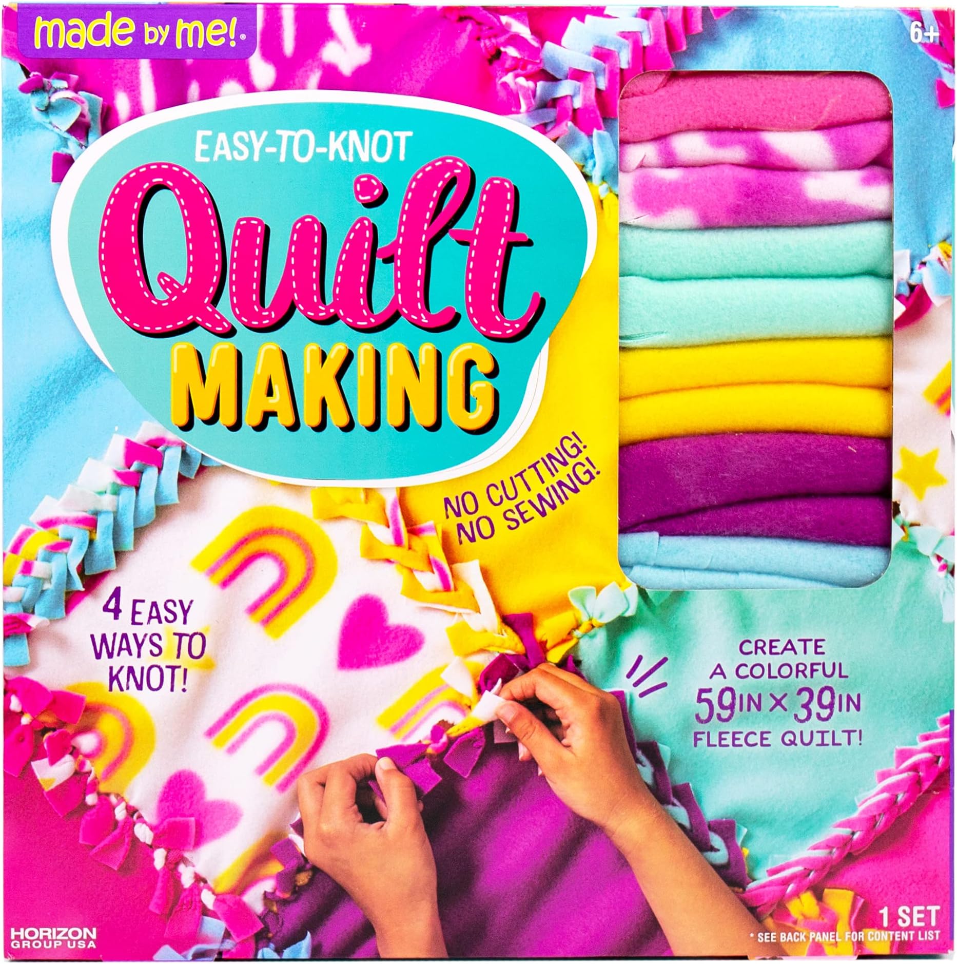 Made By Me Easy-to-Knot Quilt Making by Horizon Group USA, Create a 59” x 39” Fleece Quilt, No Cutting or Sewing Necessary, Includes 20 Fabric Squares & Felt Embellishments, Learn 4 Ways to Knot