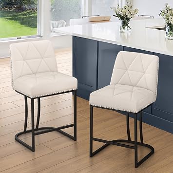 LUE BONA 24" Bar Stools Set of 2, Counter Height Bar Stools with 5.5" Thick Cushion, Upholstered Linen Fabric Barstools with Metal Frames for Kitchen Island, Dining Room, Beige