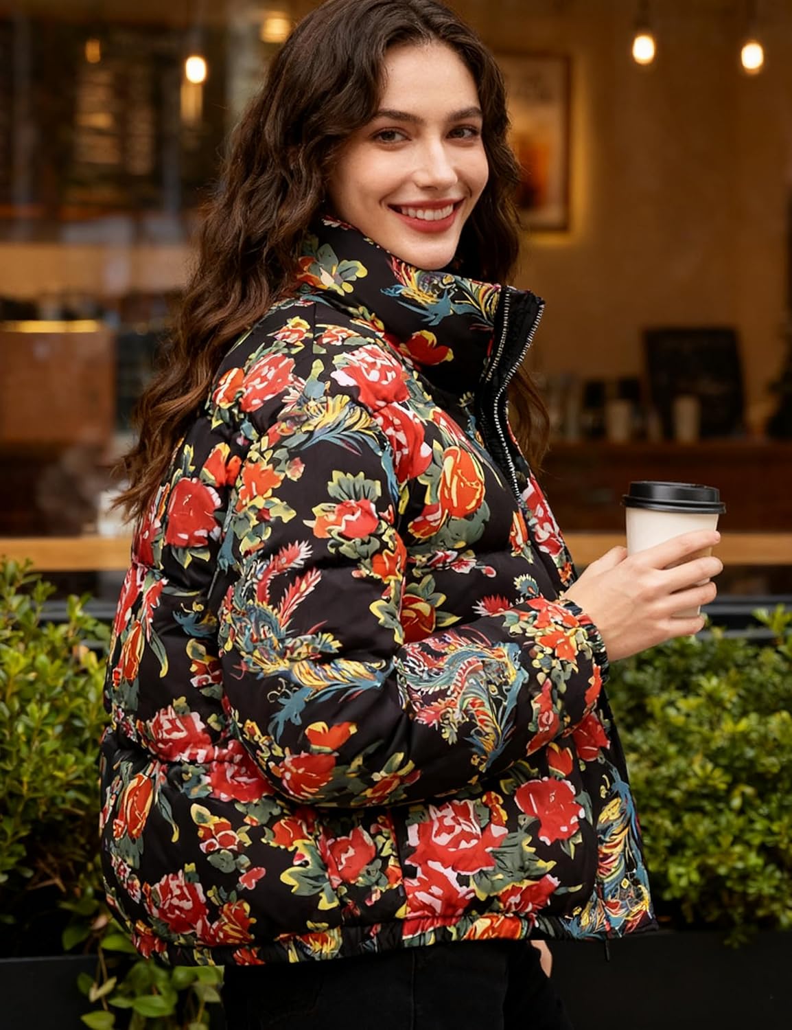 Women Floral Puffer Jacket Cropped Lightweight Quilted Coat Warm Vintage Boho Streetwear - Image 6