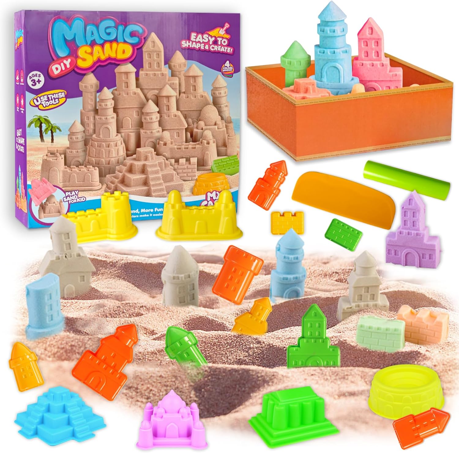 Magic Sand for Kids, 20 PCS Play Sand Art Kit with Sandbox, 4 Color, Castle Building Kit, Sensory Toy Christmas Birthday Gift for for Boys and Girls Ages 3-8