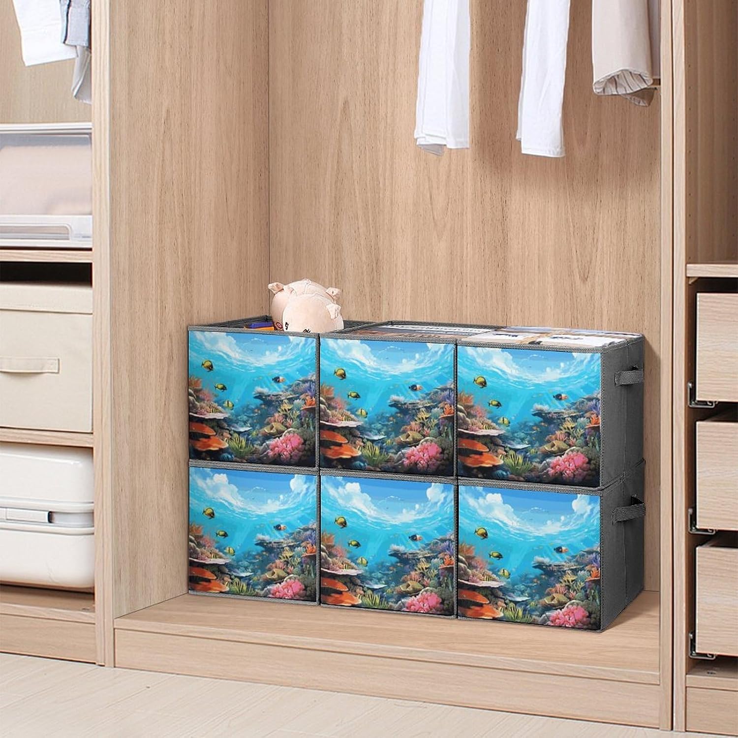 Ocean Scene Storage Cubes Set of 6 Storage Bins with Handles Collapsible Storage Basket Fabric Storage Box for Shelves Large Closet Shelf Organizer for Organization 11 Inch