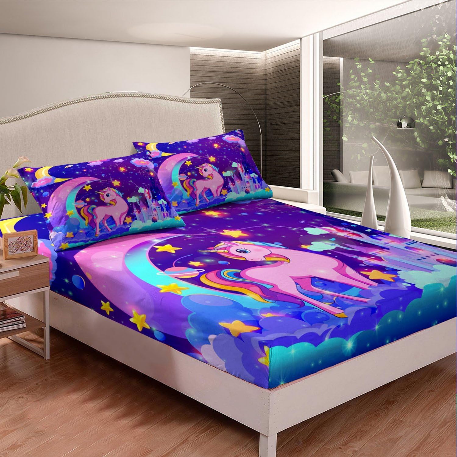 Galaxy Star Cartoon Unicorn Bed Sheets Set Full, Girls Cute Unicorn Sheet Set Cartoon Unicorn Sheets with Deep Pocket Fitted Sheet for Kids Toddler Fairy Dreamy Horse Bedding Set With 2 Pillow Case