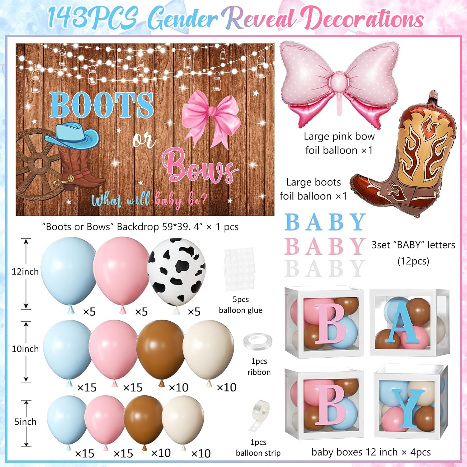 Boots or Bows Gender Reveal Decorations - 141pcs Pink Blue Balloon Garland Kit, 4pcs Baby Box With Letters, What Will Baby Be Backdrop, Western Themed Boy or Girl Gender Reveal Decorations - Image 2