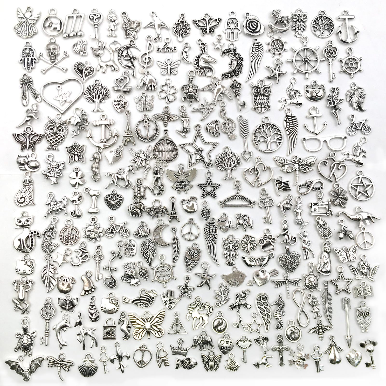 JSTHHTT 200pcs Charms Pendants for Jewellery Making, Mixed Silver Charms Set, Bracelet Necklace Earrings DIY Small Jewlery Accessories, for Necklaces, Bracelets, and Craft Projects