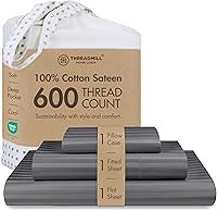 Vista 1 de Threadmill Sábanas de tamaño individual, 100 % algodón, 600 hilos, 3 piezas, diseño de damasco, rayas, gris oscuro, sábanas de algodón peinado