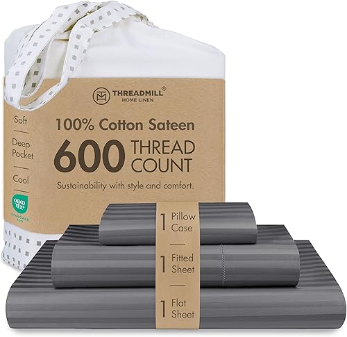 Threadmill Sábanas de tamaño individual, 100 % algodón, 600 hilos, 3 piezas, diseño de damasco, rayas, gris oscuro, sábanas de algodón peinado de