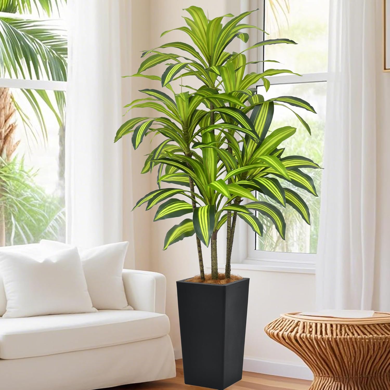 Artificial Dracaena Tree 5FT(60in) Tall Fake Silk Yucca Tree with Black Planter, Faux Floor Potted Artificial Plants for Home Office Living Room Indoor Decor (5feet,Tall Pot)