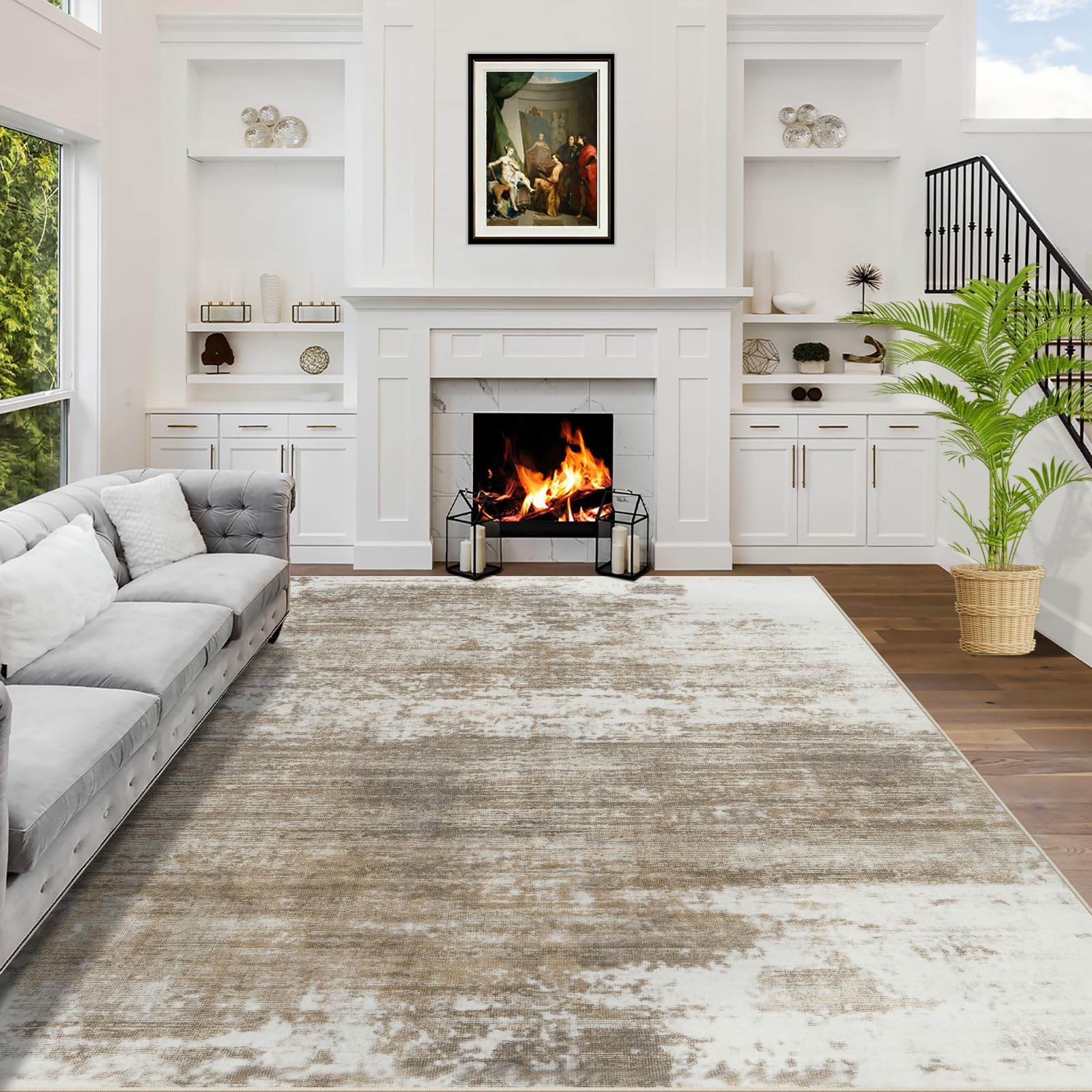 8x10 Area Rugs Washable Rug: Modern Abstract Living Room Rug Soft Anti-Skid Thin Carpet Indoor Floor Non-Shedding Carpets for Bedroom Dining Room Farmhouse Nursery Home Office Brown White