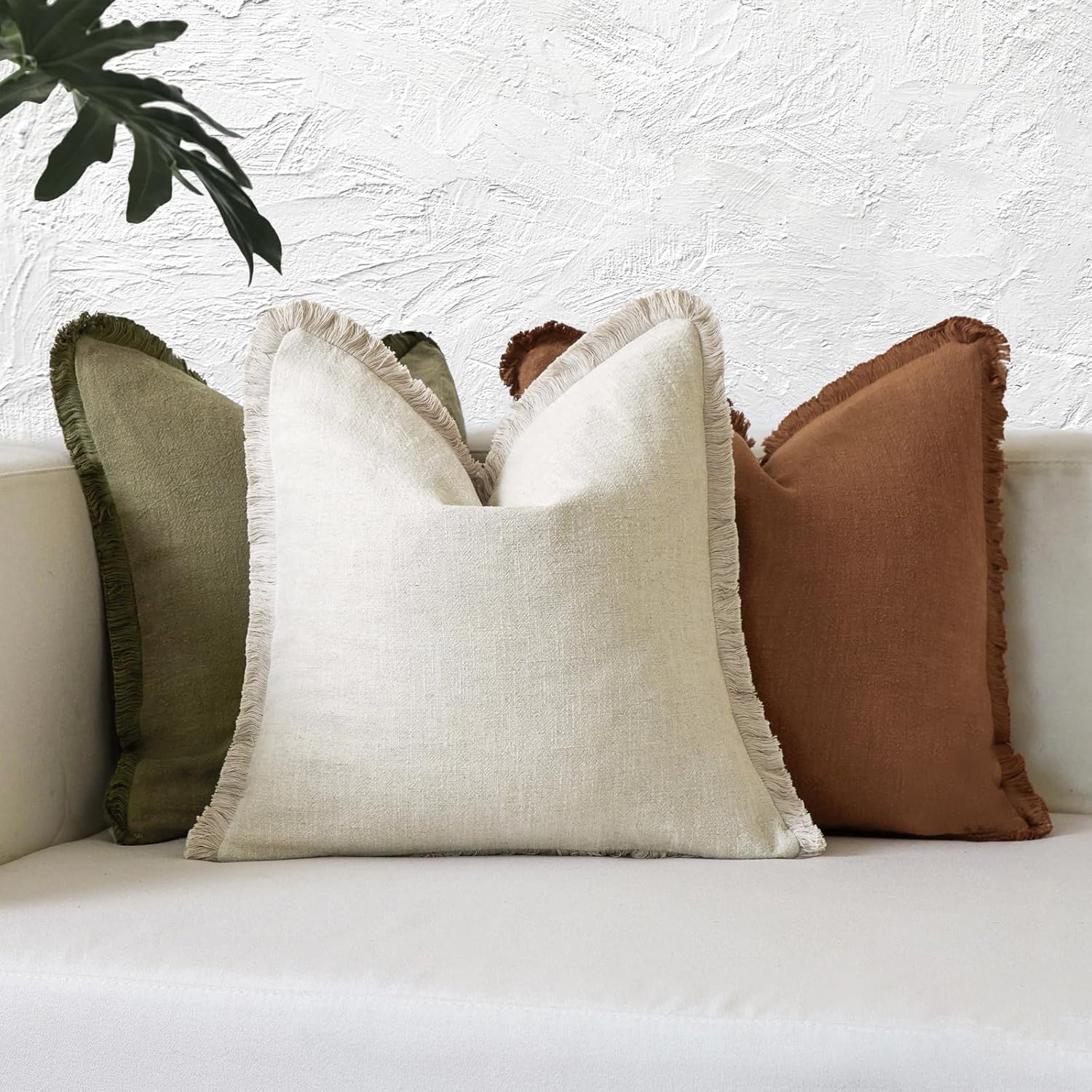 Boho Decorative Lumbar Pillow Covers with Fringe for Couch, Living Room, Bed Set of 2, 12x20 Inches, Natural Beige