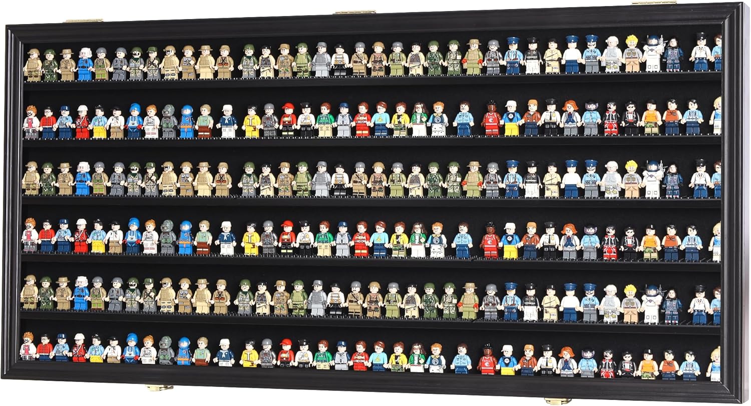DisplayGifts Toy Minifigures Miniatures Display Case Frame Wall Cabinet Stand 200 Toys Dust Protection Black