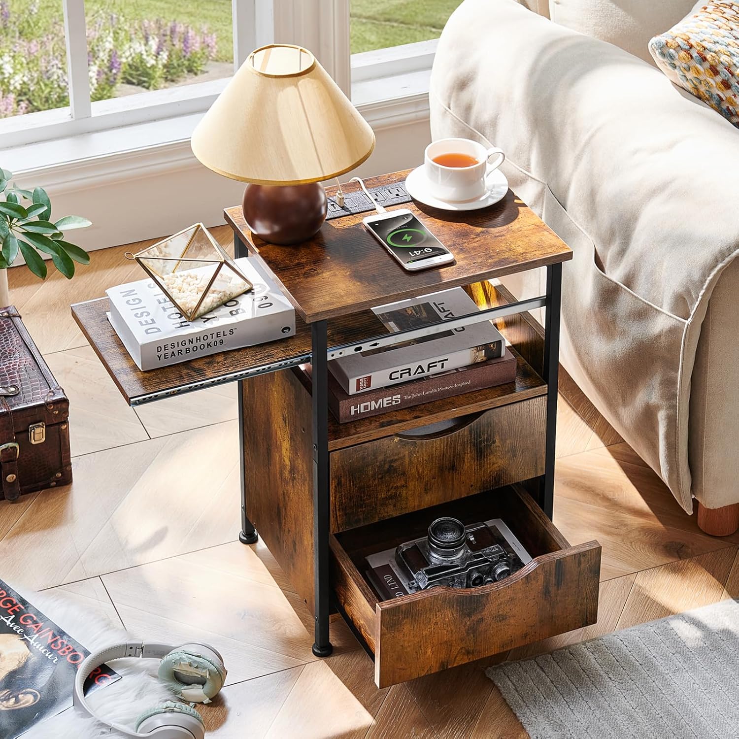 End Table with Charging Station, Narrow Side Table with 2 Drawers, Nightstand with 7 Color LED Light, Slim Bedside Table for Bedroom, Living Room, Small Spaces, Brown