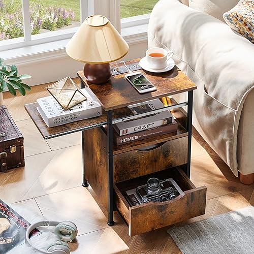 Miniatura 2 de Mesa auxiliar con estación de carga, mesa auxiliar estrecha con 2 cajones, mesita de noche con luz LED de 7 colores, mesita de noche delgada para