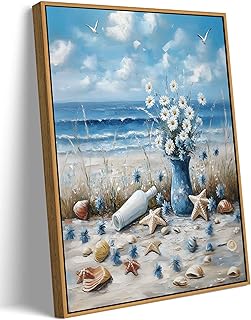 Framed Blue Ocean Beach Canvas Wall Art Coast Seashell Starfish painting...