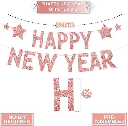 Miniatura 3 de Decoraciones de Año Nuevo 2023 con purpurina, pancarta de Feliz Año Nuevo con guirnalda de círculos, oro rosa, decoraciones de Año Nuevo,