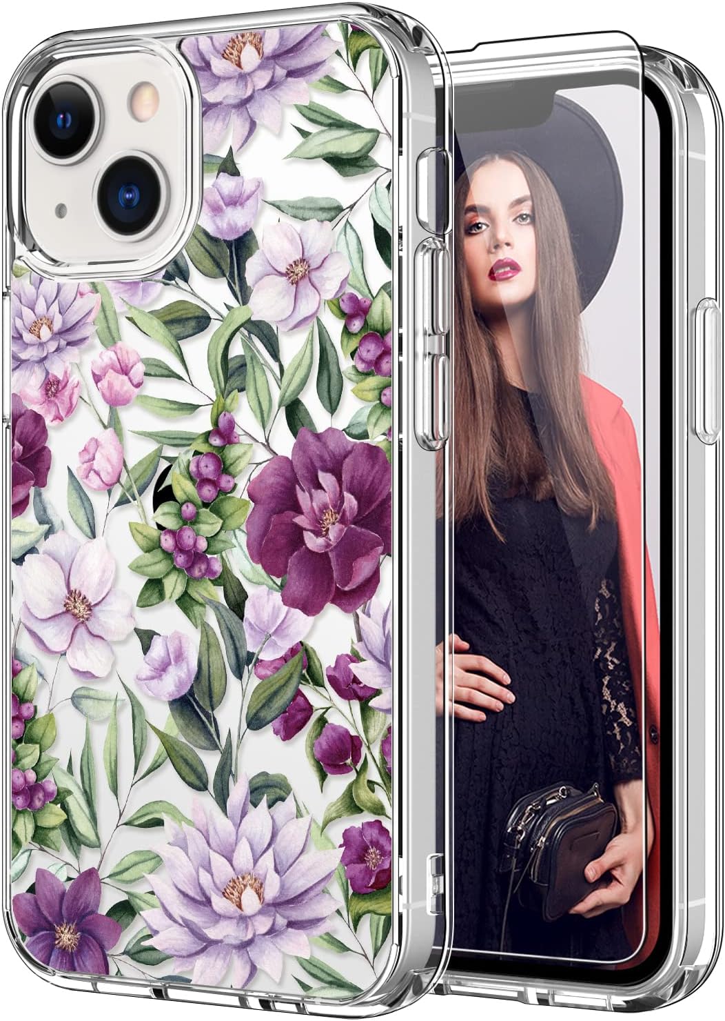 ICEDIOICEDIO iPhone IC Case with Screen Protector,Slim Fit Crystal Clear Cover with Fashion Designs for Girls Women,Durable Protective Phone Case for iPhone IC 6.1" Pink Purple Flowers