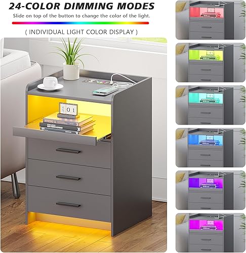 Miniatura 4 de JDPAG Juego de 2 mesitas de noche con estación de carga inalámbrica, mesita de noche con sensor automático regulable de 24 colores con puertos USB