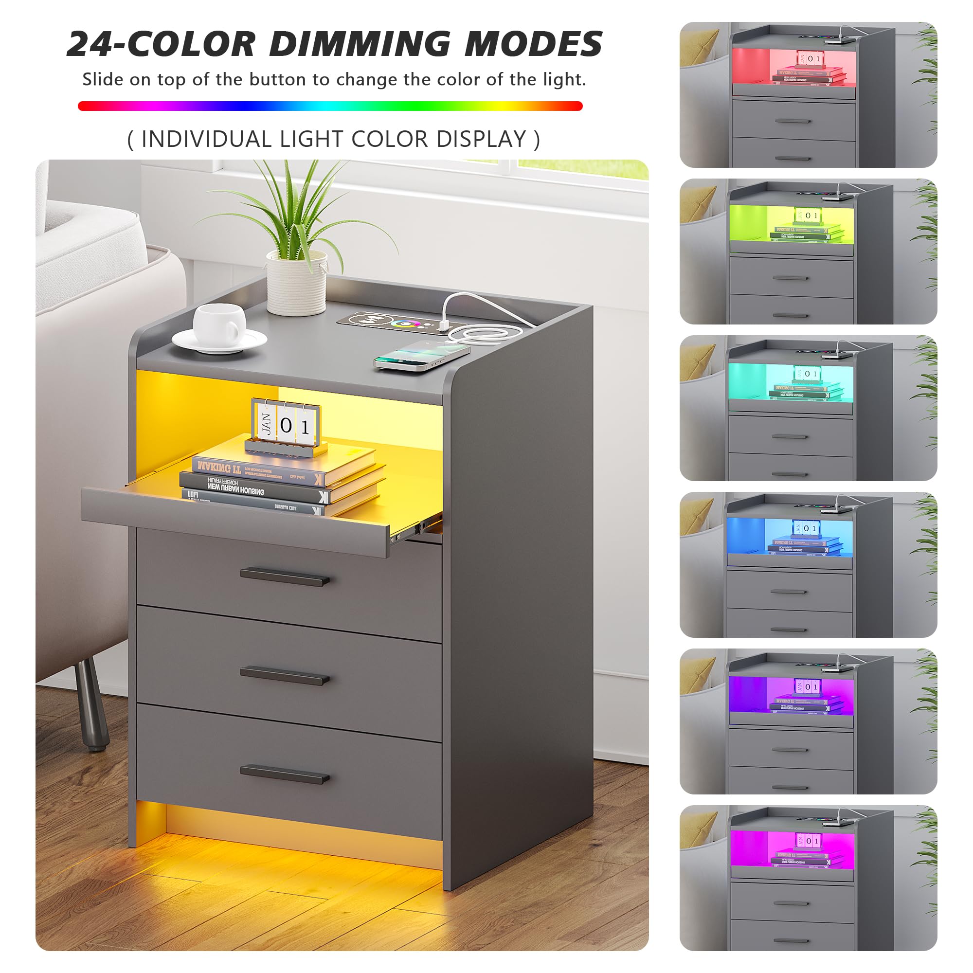 Gurexl LED 2 pezzi comodino con stazione di ricarica，cassettiera camera con sensore del corpo umano e 24 RGB leggero ，comodini moderni da letto legno da letto con 3 cassetti per Camera，Grigio