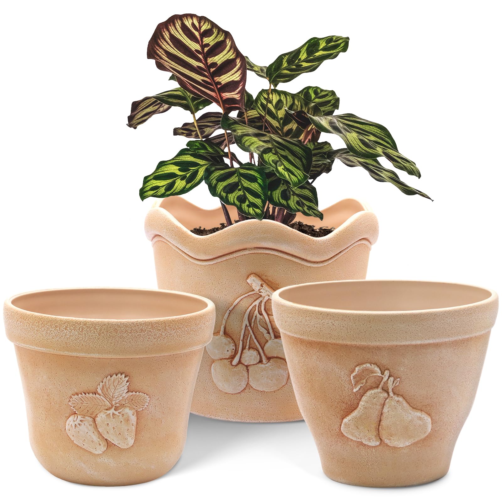 ZMTECH Lot de 3 pots de fleurs en plastique aspect béton avec trous de drainage pour intérieur et extérieur Rouge terre cuite 17,5/19/21 cm