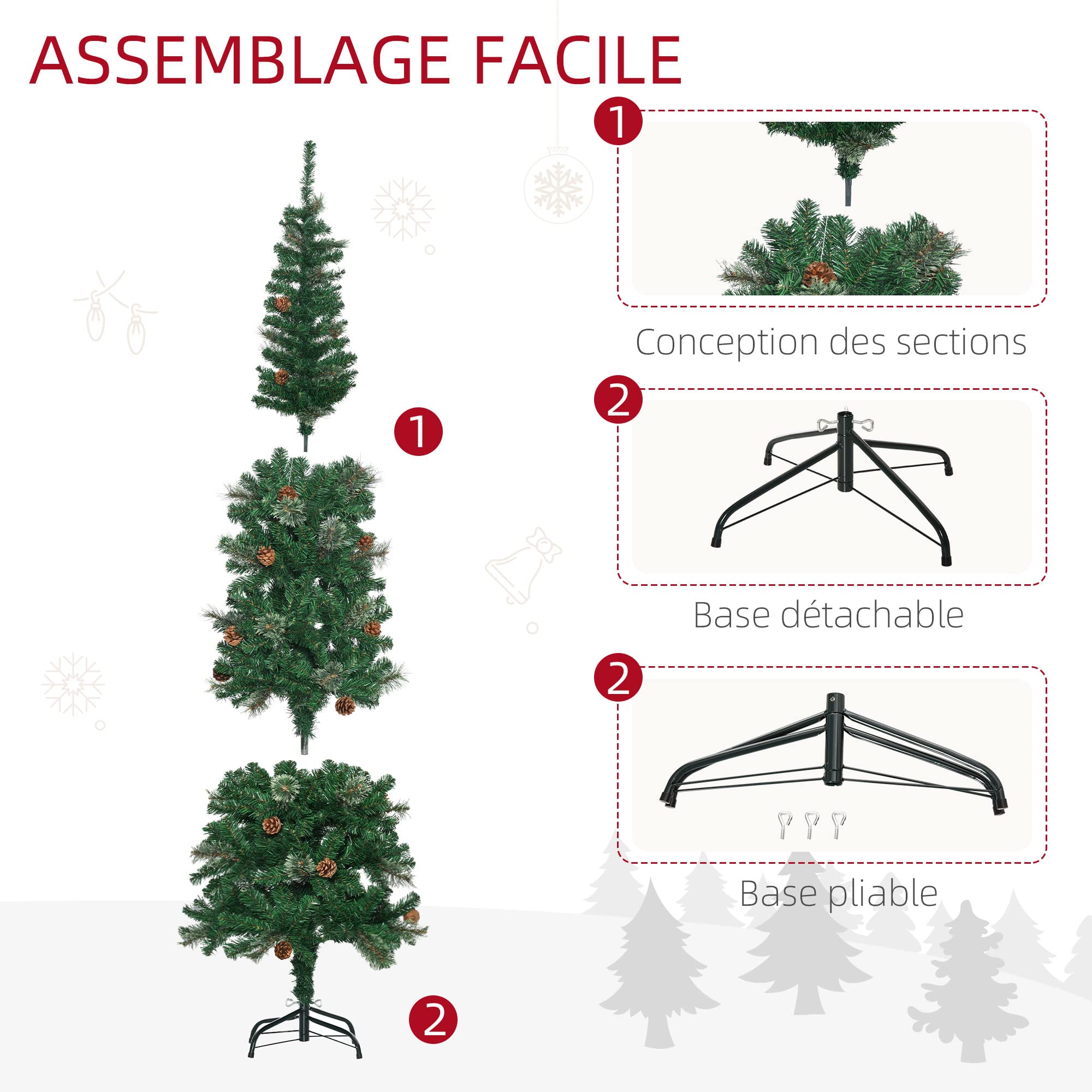 HOMCOM Sapin Arbre De Noël Artificiel 195 cm 556 Branches Vert | 27 Pommes De Pin, Support Pied Pliable