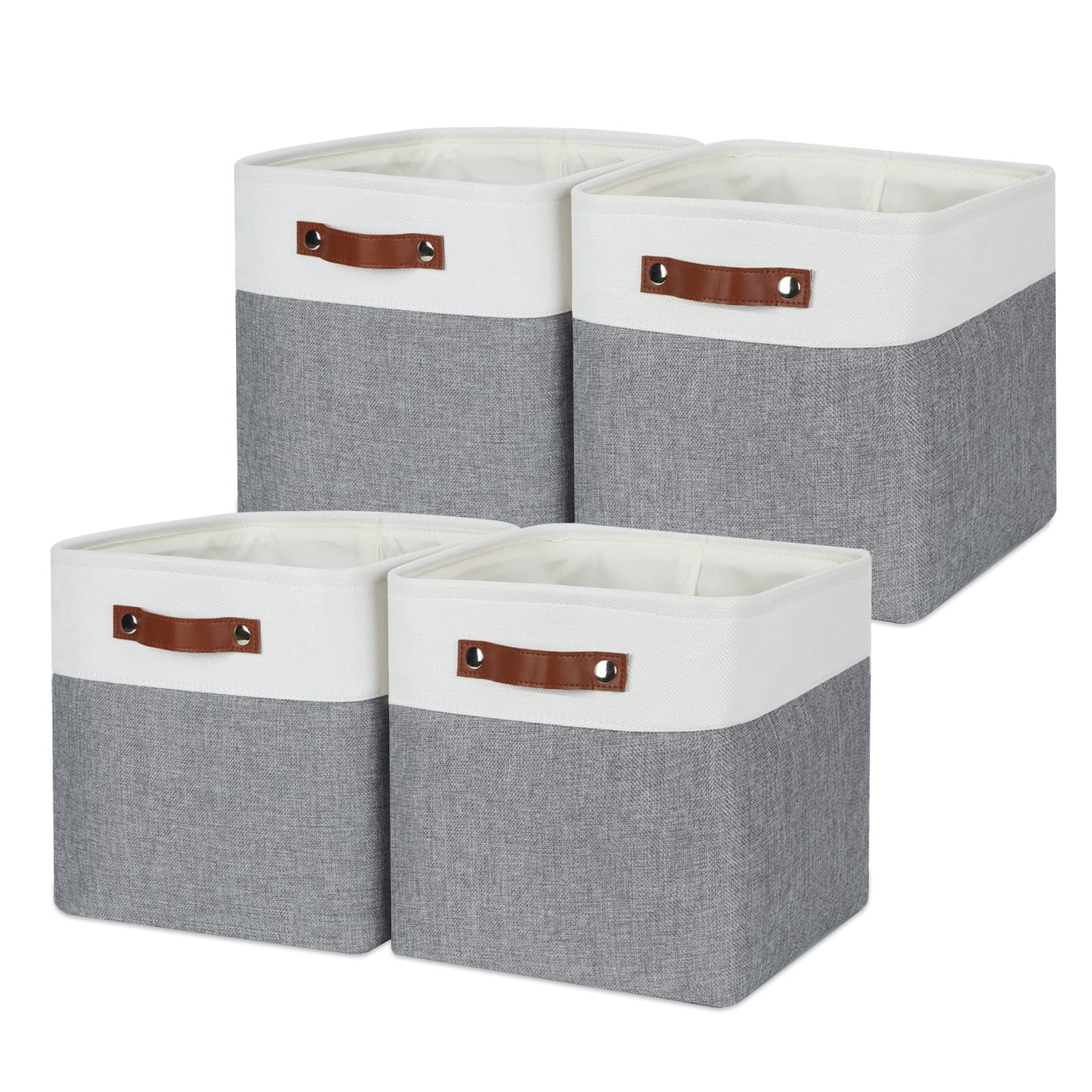 Temary Fabric Storage Baskets 11 Inch Storage Cubes Set of 4 Baskets for Gifts Empty, Shelf Baskets for Organizing, Grey Baskets for Storage Toys, Books, Blankets (White&Gray)
